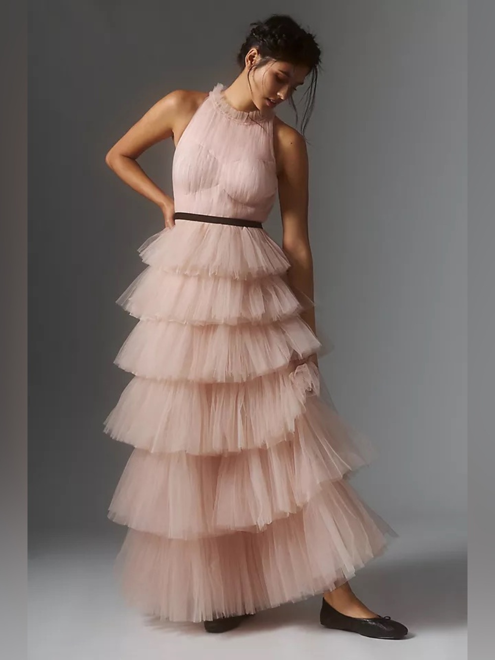 Geisha Designs Anthropologie Tiered Ruffle Halter Gown Pink M NWT